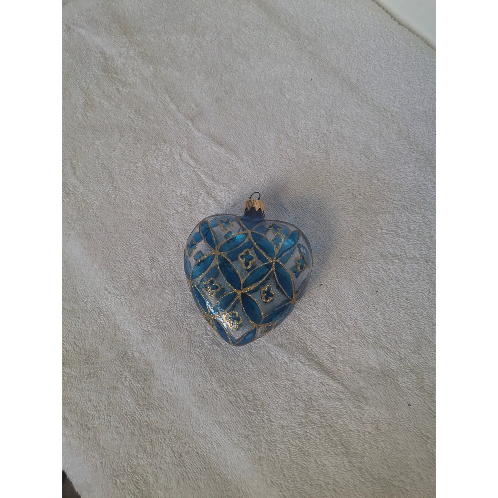 Vintage Style Blue Glass Heart Christmas Ornament Gold Glitter Lattice Pattern